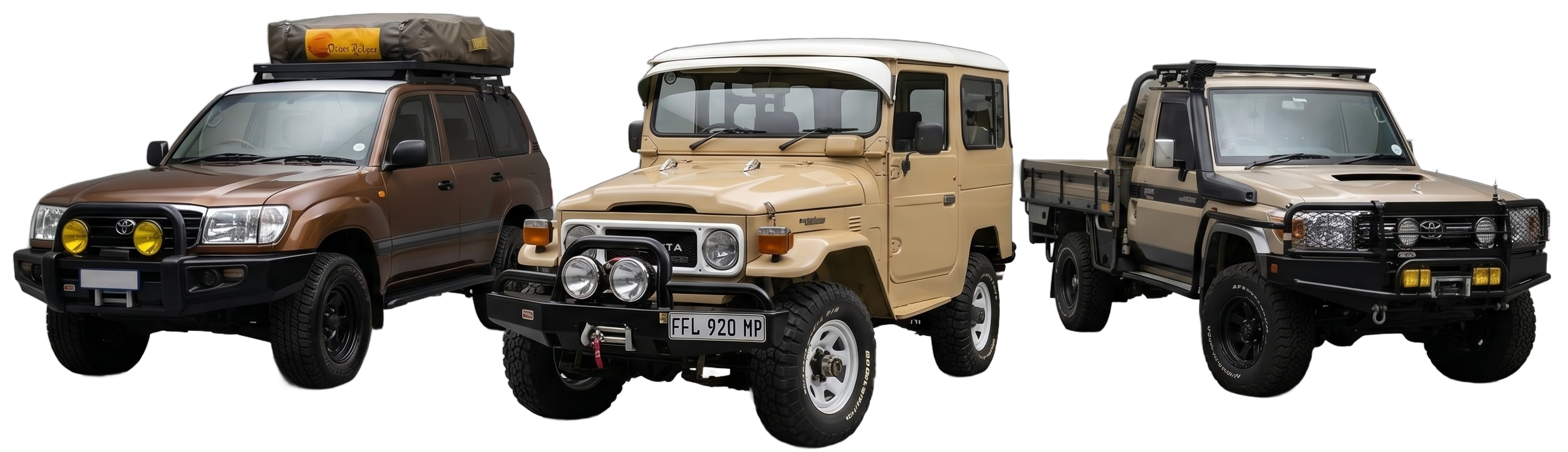 Three Toyota Land Cruisers: 70 Series trucks and a 100 Series SUV.