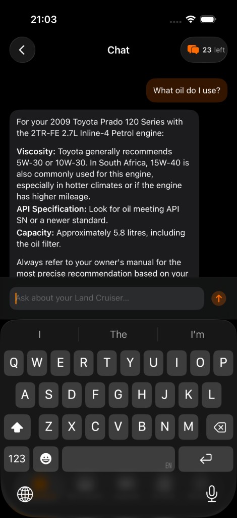 Cruiser Care chat screen with AI oil recommendation for a Prado 120 Series