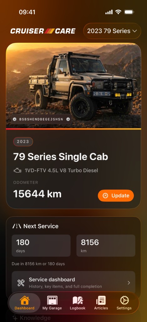 Cruiser Care Dashboard with Land Cruiser photo, mileage readout, next service days and km, and service dashboard row