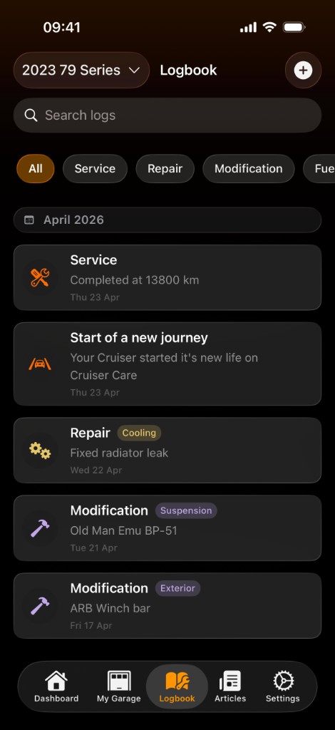 Cruiser Care Logbook with search, category chips, and entries for service, repair, modification, and fuel