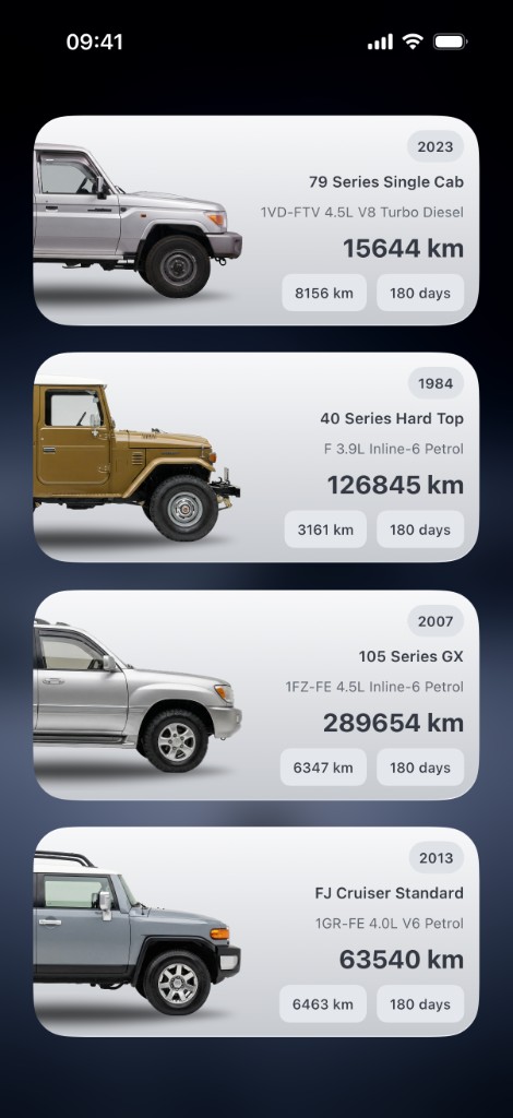 Cruiser Care widgets showing stacked vehicle summary cards with odometer and next-service mileage and days for each Cruiser